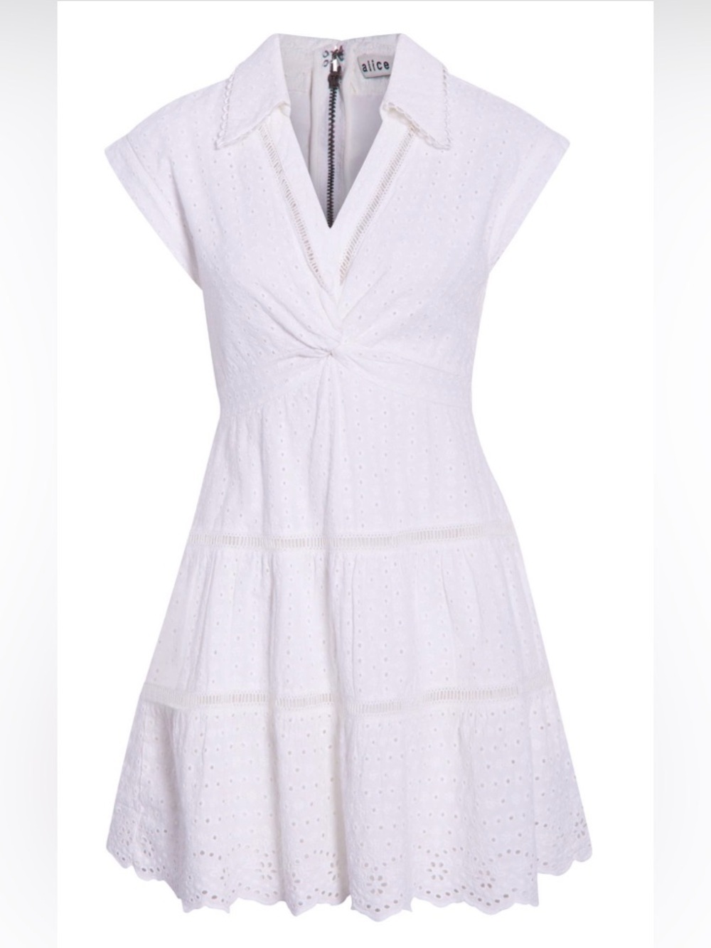 Alice + Olivia Mila Eyelet Mini Dress White Cotton Linen Pockets Sz 4​